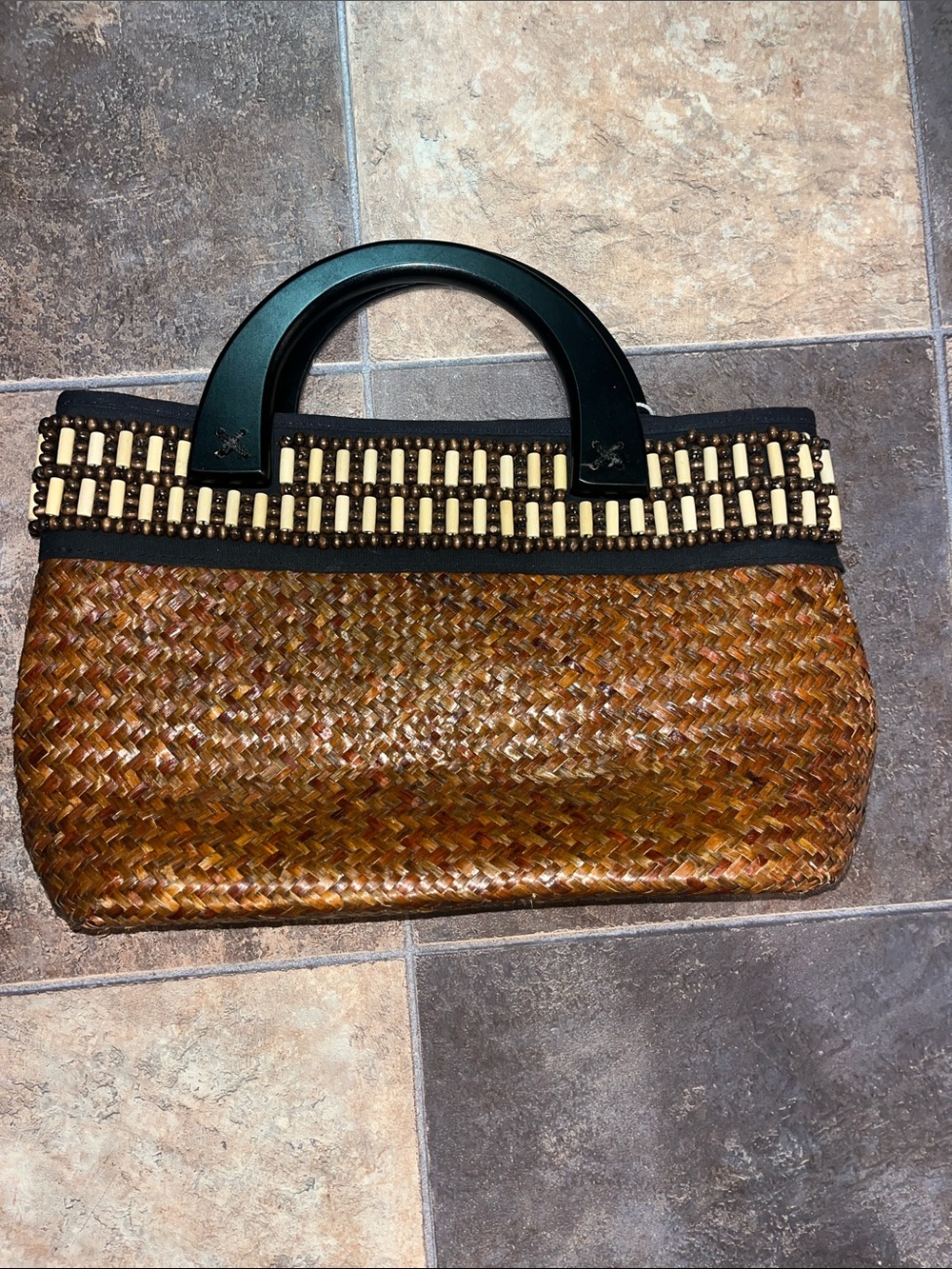 Vintage St. John's Bay Brown Woven Tote with Black Handles
